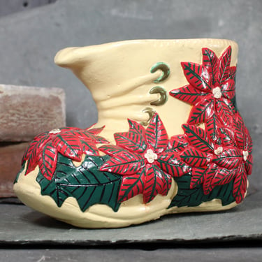 RARE! Vintage Ceramic Santa Boot Planter with Poinsettia Motif | Circa 1970s/1980s | Vintage Christmas Decor | Bixley Shop 