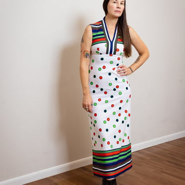 Size S/M, 1960s-70s Poly V-Neck Dotted Sleeveless Maxi Dress 