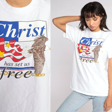 Vintage Christian T Shirt Christ Has Set Us Free Shirt Jesus Shirt Eagle Tee 90s Tshirt Vintage 1990s Graphic Medium 