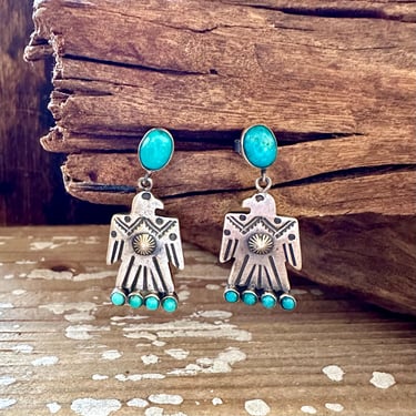 THUNDERBIRD Sterling Silver & Turquoise Thunderbird Stud Earrings | Fred Harvey Era Style | Navajo Native American Southwestern Bird Jewelry 