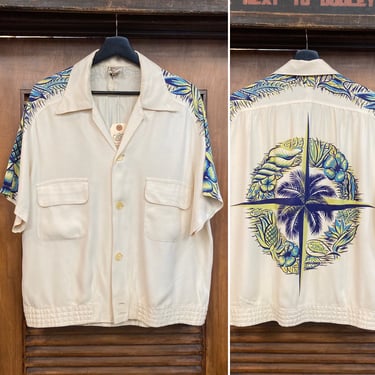 Vintage 1940’s “Catalina” Back Panel Tropical Hawaiian Shirt, 40’s Floral Print, 40’s Nautical Star, Vintage Clothing 