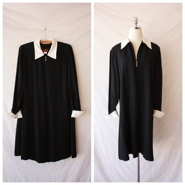 80s Black Tent Dress with White Collar Wednesday Adams Witchy Goth Size L / XL 