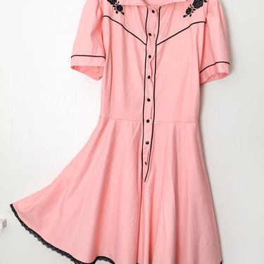 Pink Black Rose Vintage Rockabilly Country Western Dress by Hemet ,3XL, Full Skirt, Plus Size, 1950's, 1940's 