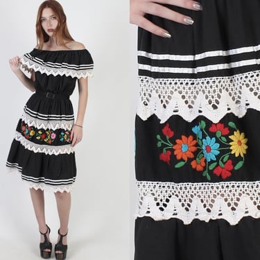 Black Mexican Off The Shoulder Fiesta Dress, Bright Colorful Floral Embroidered Party Dress, Crochet Lace Trim Restaurant Style Mini 