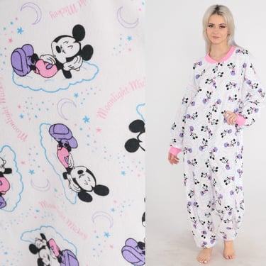 Disney Pajama Jumpsuit 90s Mickey Mouse One Piece Pajamas PJs Retro Sleep Onesie Pants  Kawaii Cartoon Adult Button up Pink Vintage 1990s XL 