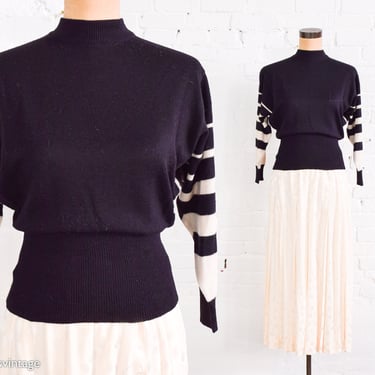1960s Black & White Wool Striped Sweater | 60s Black Striped Wool Pullover Sweater | Jantzen | Medium 