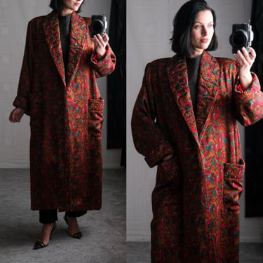 Vintage 80s Jewel Tone Autumn Floral Silk Quilted Shawl Collar Power Duster Robe Coat w/ Deep Pockets | 100% Silk | 1980s Silk Overcoat 