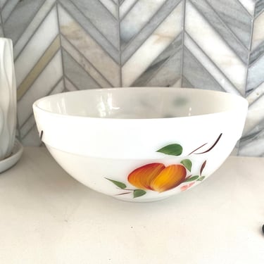 Vintage Fire King Hand Painted Fruits Milk Glass Mixing Bowl 1950’s “Gay Fad” Pattern, Grapes, Peaches, Pear, Fruit Bowls 