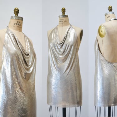 70s 80s Vintage Silver Metal Mesh Dress Whiting & Davis Small Metallic Chainmail Silver Halter Neck Dress Whiting and Davis Wedding Disco 