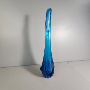 Vintage Mid Century Blue Swung Glass Vase 