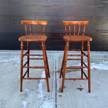 Antique 20th C. Spindle Bobbin Early American Bar Stools ~ a Pair 