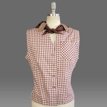 1950s Catalina Blouse / 1950s Catalina / Brown Gingham Blouse with Bandana / Size XL, Extra Large 