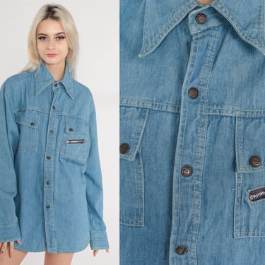 70s Denim Shirt Blue Jean Snap Button Up Shirt Zipper Pocket Collared Top Retro Long Sleeve Seventies Cotton Vintage 1970s Mens Large L 