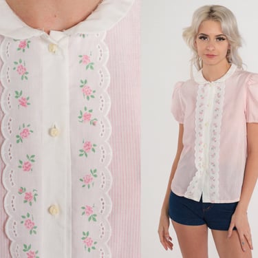 Puff Sleeve Blouse 80s Pink Striped Button up Shirt Floral Eyelet Lace Peter Pan Collar Top Retro Cottagecore Darling Vintage 1980s Small S 