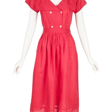 Cacharel 1970s Vintage Red Linen Pleated Sailor Collar Dress Sz XS 
