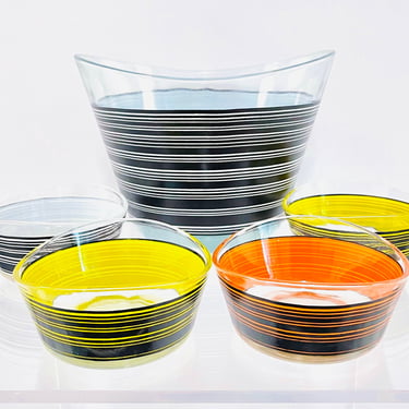 Vintage 1970s MID Century Modern Rainbow Colorful Bar Code Striped Art Glass Salad Bowl Serving Set 