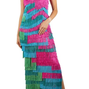 Morphew Atelier Pink Blue & Green Rayon Fringed Gown 