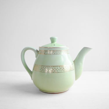 Vintage Mint Green and Gold Ceramic Teapot, Holds 5 Cups or 80 Fluid Ounces 