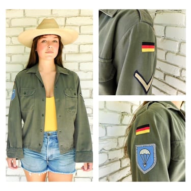European Military Jacket// vintage 70s faded hippy chore coat patches boho hippie blouse shirt dress 1970s distressed work army green // S/M 