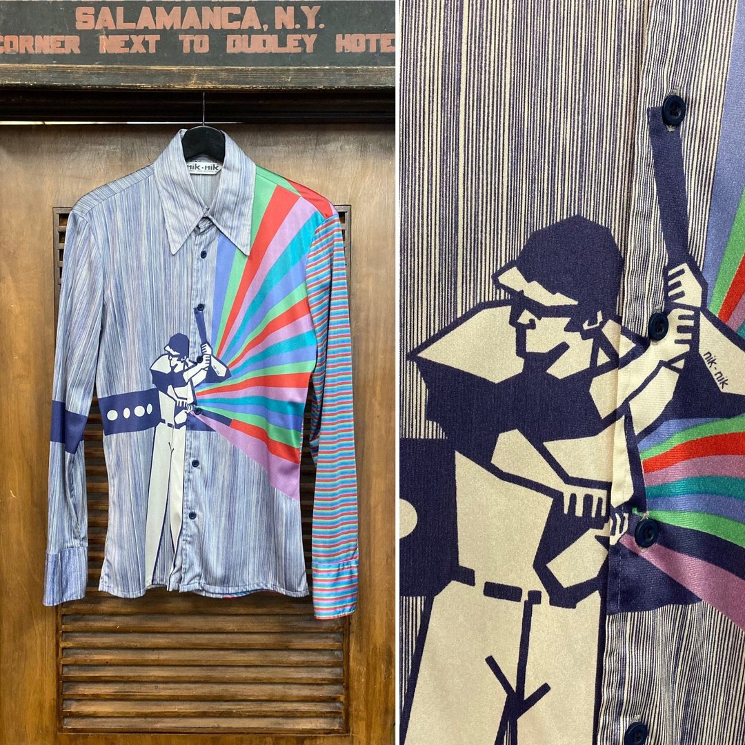 1970s Nik Nik Silky Baseball and Rainbow Print Disco Shirt