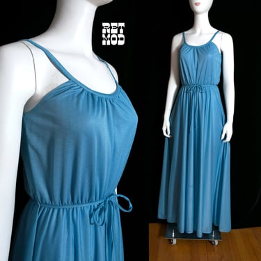 Lovely Vintage 70s Dusty Blue Summer Maxi Dress 