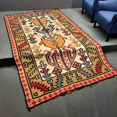 Vintage Carpet, Handmade Serbian Rug, Retro Tradicional Organic Kilim 