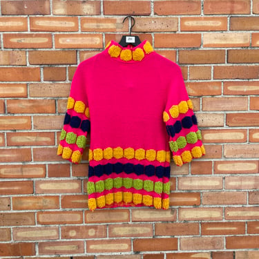 vintage 60s/70s neon pink half sleeve mock neck knit sweater / xs s extra small 
