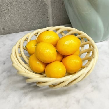 Vintage Bowl Retro 1980s Baby Yellow Ceramic + Fruit Bowl + Semi Open Sides with Curved and Woven Bars + Home and Kitchen Decor or Storage 