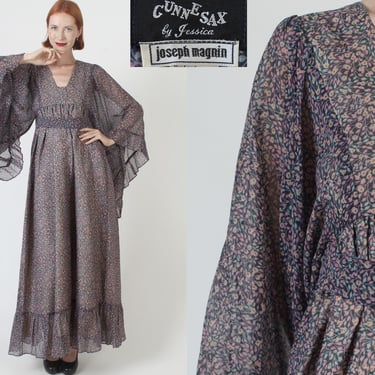 Black Label Gunne Sax Dress, Joseph Magnin Kimono Sleeve Maxi, Vintage 60s Calico Floral Prairie Gown, Jessica McClintock Size 11 