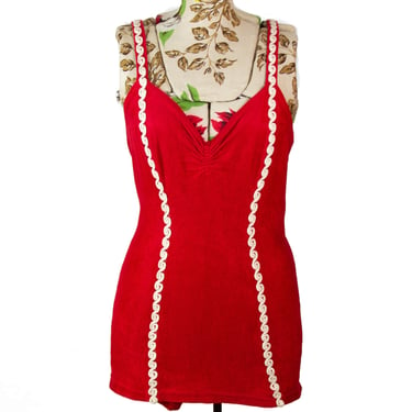 1940s Swimsuit ~ Red Bouclé Swimsuit with White Trims and Original Photo 