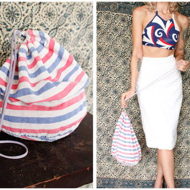 1940s Bag // Striped Cotton Beach Bag // vintage 40s tote bag 