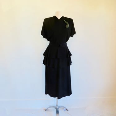 1940's Black Crepe Dress with Peplum Beaded Peacock Brooch Short Sleeves Rockabilly Swing WW2 Era 40's Formal Dresses 31