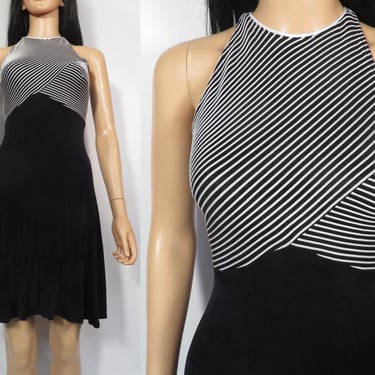 Vintage 90s Black And White Ribbed Slinky Mini Dress Made In USA Size S 
