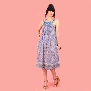 ViNtAgE 70's Indian Cotton Sun Dress Sheer Gauze // Made in India Bohemian HiPPiE BoHo Summer Spring Tent Sundress S M  // Small Medium 