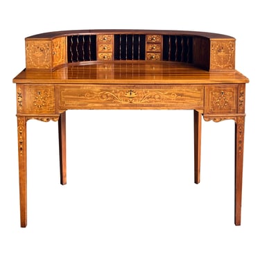 Edwardian Inlaid Mahogany Carlton House Writing Desk with Marquetry Inlay