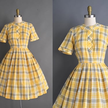 vintage 1950s Dress | Pat Petite Yellow Plaid Print Cotton Full Skirt Dress | Small 