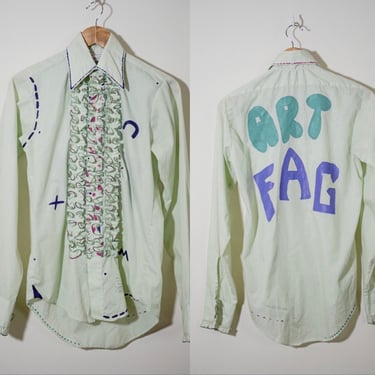 Art Fag Vintage 1980s Ruffle Dress Shirt With Handpainted Brush Stroke Detailing - Extra Small - One of a kind 
