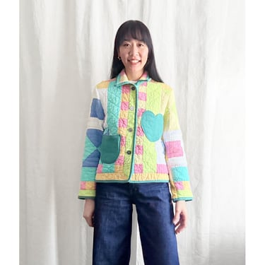 Quilt Blazer Jacket - vintage 1980s geometric color-block novelty green blue yellow pink women's tailored winter coat one-of-a-kind 