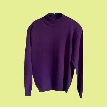 Purple Wool Sweater, Classic Simple Oversized Mockneck Jumper, Minimal Eggplant Thin Soft Woven Blouse Loose Fit Slouchy  Dark Purple Large 