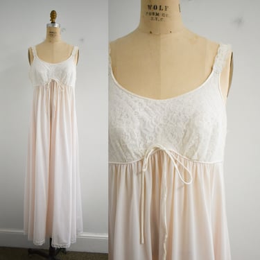 1960s Vanity Fair Pale Pink and White Long Night Gown 