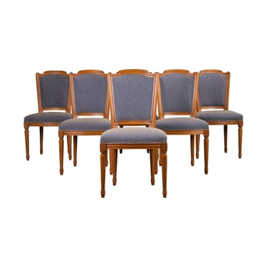 French Louis XVI Style Maple Dining Chairs W/ Blue Woven Fabric- Set of 6 