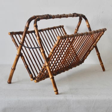 French Style Japanese Made Bamboo Rattan Magazine Rack Vintage Mid-Century 