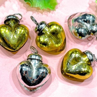 VINTAGE: 5pcs - Small Mercury Glass Heart Ornaments - Heart Pendants - Kugel Style Christmas Ornaments 