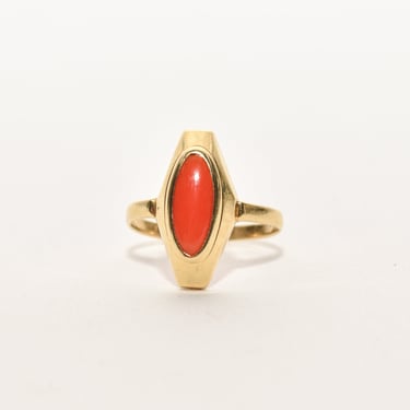Estate 18K Coral Marquise Ring, Yellow Gold Red Coral Ring, Size 5 1/4 US 
