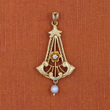 Pearl & Diamond Etched Gold Lavaliere c1890