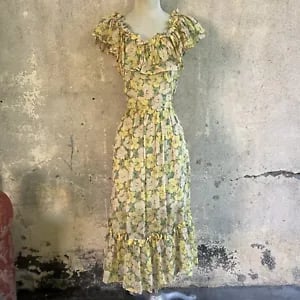 Vintage 1930s Yellow & Green Floral Print Cheesecloth Cotton Dress Ruffle
