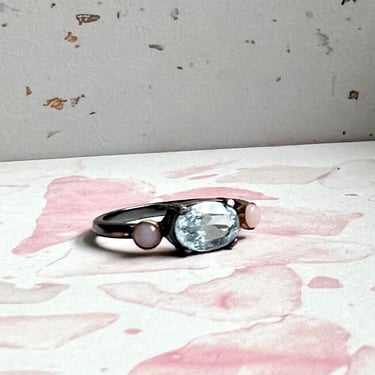 Blue Topaz and Pink Opal Black and Gold Statement Alternative Engagement ring 