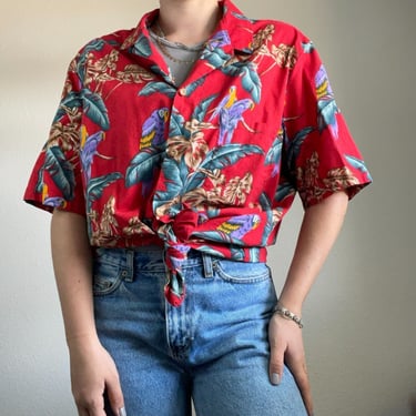 Vintage Mens Paradise Found Hawaiian Button Down Floral Tropical Parrot Shirt XL 