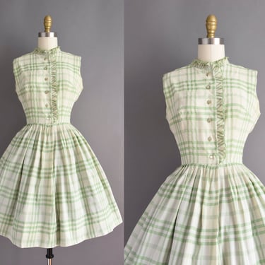 1950s dress | Adorable Green Plaid Print Full Skirt Dress | Small | 50s vintage dress 