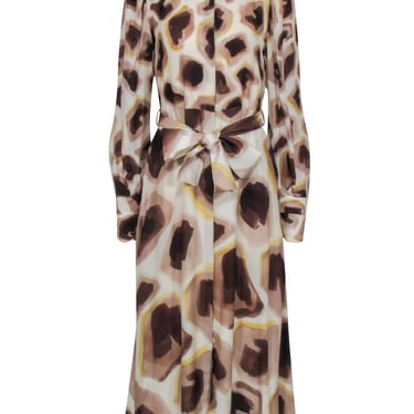 Massimo Dutti - Beige, Brown, & Cream Print Long Sleeve Button Front Dress Sz 6